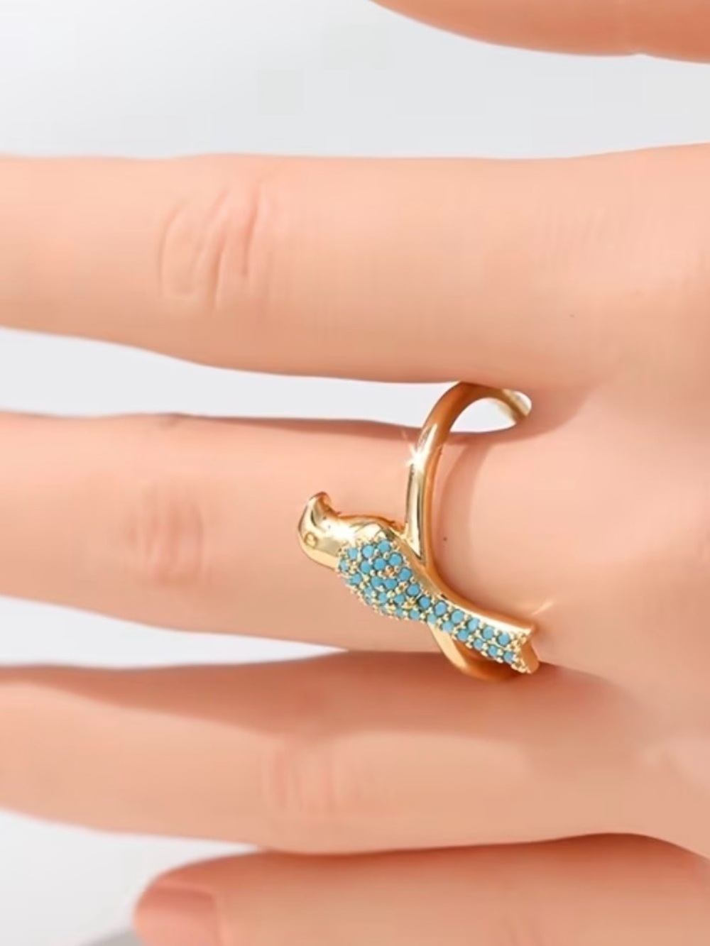 Gold Plated Bird Ring with Turquoise Pavé Stones - Picture 3 of 9